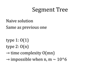 Segment Tree
Naive solution
Same as previous one
type 1: O(1)
type 2: O(n)
→ time complexity O(mn)
→ impossible when n, m ~ 10^6
 
