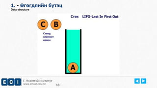 1. - Өгөгдлийн бүтэц 
Data structure 
Е-Нээлттэй Институт 
www.emust.edu.mn 
13 
 