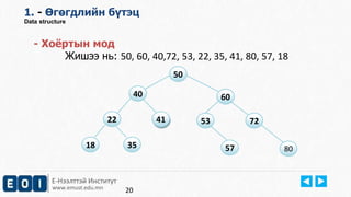 1. - Өгөгдлийн бүтэц 
Data structure 
- Хоёртын мод 
Жишээ нь: 50, 60, 40,72, 53, 22, 35, 41, 80, 57, 18 
Е-Нээлттэй Институт 
www.emust.edu.mn 
50 
40 60 
22 53 72 
35 
41 
18 57 80 
20 
 