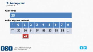 2. Aлгоритм: 
ALGORITM 
Хайх утга: 
23 
Хайлт явуулах олонлог: 
i 0 1 2 3 4 5 6 7 8 
утга 30 60 6 54 89 23 38 55 1 
23 
Е-Нээлттэй Институт 
www.emust.edu.mn 
 