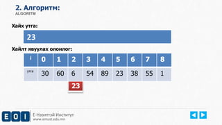 2. Aлгоритм: 
ALGORITM 
Хайх утга: 
23 
Хайлт явуулах олонлог: 
i 0 1 2 3 4 5 6 7 8 
утга 30 60 6 54 89 23 38 55 1 
23 
Е-Нээлттэй Институт 
www.emust.edu.mn 
 