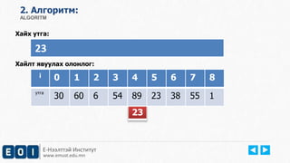 2. Aлгоритм: 
ALGORITM 
Хайх утга: 
23 
Хайлт явуулах олонлог: 
i 0 1 2 3 4 5 6 7 8 
утга 30 60 6 54 89 23 38 55 1 
Е-Нээлттэй Институт 
www.emust.edu.mn 
23 
 
