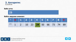 2. Aлгоритм: 
ALGORITM 
Хайх утга: 
23 
Хайлт явуулах олонлог: 
i 0 1 2 3 4 5 6 7 8 9 
утга 1 2 10 23 24 50 66 73 74 89 
Е-Нээлттэй Институт 
www.emust.edu.mn 
 