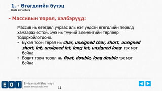 Е-Нээлттэй Институт
www.emust.edu.mn
1. - Өгөгдлийн бүтэц
Data structure
- Массивын төрөл, хэлбэрүүд:
Массив нь өгөгдөл учраас аль нэг үндсэн өгөгдлийн төрөлд
хамаарах ёстой. Энэ нь түүний элементийн төрлөөр
тодорхойлогдоно.
• Бүхэл тоон төрөл нь char, unsigned char, short, unsigned
short, int, unsigned int, long int, unsigned long гэх мэт
байна.
• Бодит тоон төрөл нь float, double, long double гэх мэт
байна.
11
 