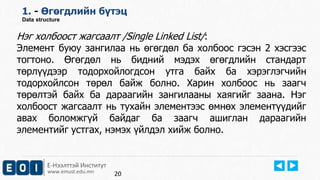 Е-Нээлттэй Институт
www.emust.edu.mn
1. - Өгөгдлийн бүтэц
Data structure
Нэг холбоост жагсаалт /Single Linked List/:
Элемент буюу зангилаа нь өгөгдөл ба холбоос гэсэн 2 хэсгээс
тогтоно. Өгөгдөл нь бидний мэдэх өгөгдлийн стандарт
төрлүүдээр тодорхойлогдсон утга байх ба хэрэглэгчийн
тодорхойлсон төрөл байж болно. Харин холбоос нь заагч
төрөлтэй байх ба дараагийн зангилааны хаягийг заана. Нэг
холбоост жагсаалт нь тухайн элементээс өмнөх элементүүдийг
авах боломжгүй байдаг ба заагч ашиглан дараагийн
элементийг устгах, нэмэх үйлдэл хийж болно.
20
 
