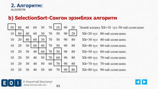 Е-Нээлттэй Институт
www.emust.edu.mn
2. Aлгоритм:
ALGORITM
b) SelectionSort-Сонгон эрэмблэх алгоритм
50 80 40 60 30 70 10 90 20 Эхний алхамд ХБ=10 тул 50-тай солигдоно
10 80 40 60 30 70 50 90 20 ХБ=20 тул 80-тай солигдоно.
10 20 40 60 30 70 50 90 80 ХБ=30 тул 40-тай солигдоно.
10 20 30 60 40 70 50 90 80 ХБ=40 тул 60-тай солигдоно.
10 20 30 40 60 70 50 90 80 ХБ=50 тул 60-тай солигдоно.
10 20 30 40 50 70 60 90 80 ХБ=60 тул 70-тай солигдоно.
10 20 30 40 50 60 70 90 80 ХБ=70 тул 70-тай солигдоно.
10 20 30 40 50 60 70 90 80 ХБ=80 тул 90-тай солигдоно.
63
 