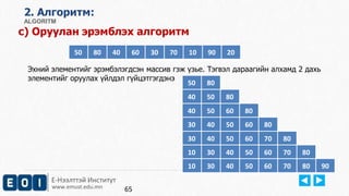 Е-Нээлттэй Институт
www.emust.edu.mn
2. Aлгоритм:
ALGORITM
c) Оруулан эрэмблэх алгоритм
Эхний элементийг эрэмбэлэгдсэн массив гэж үзье. Тэгвэл дараагийн алхамд 2 дахь
элементийг оруулах үйлдэл гүйцэтгэгдэнэ
50 80 40 60 30 70 10 90 20
50 80
40 50 80
40 50 60 80
30 40 50 60 80
30 40 50 60 70 80
10 30 40 50 60 70 80
10 30 40 50 60 70 80 90
65
 