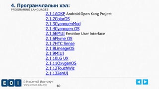 Е-Нээлттэй Институт
www.emust.edu.mn
4. Програмчлалын хэл:
PROGRAMING LANGUAGES
2.1.1AOKP Android Open Kang Project
2.1.2ColorOS
2.1.3CyanogenMod
2.1.4Cyanogen OS
2.1.5EMUI Emotion User Interface
2.1.6Flyme OS
2.1.7HTC Sense
2.1.8LineageOS
2.1.9MIUI
2.1.10LG UX
2.1.11OxygenOS
2.1.12TouchWiz
2.1.13ZenUI
80
 