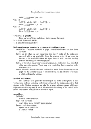 Downloaded from www.jayaram.com.np
Downloaded from www.jayaram.com.np
Then, Qk [i][j] =min (∞,b ) = b
Case :-3
Qk [i][j] = a & Qk-1 [i][j] + Qk-1 [i][j] = ∞
Then, Qk [i][j] =min (a,∞ ) = a
Case :-4
Qk [i][j] = a & Qk-1 [i][j] + Qk-1 [i][j] = b
Then, Qk [i][j] =min (a,b)
Traversal in graph:-
There are two efficient techniques for traversing the graph.
→ 1) depth first search (DFS)
→ 2) Breadth first search (BFS)
Difference between traversal in graph & traversal in tree or us
There is no 1st
node or root node in graph . Hence the traversal can start from
any node
In tree or list when we start traversing from the 1st
node, all the nodes are
traversed which are reachable from the starting node. If we want to
traverse al the reachable nodes we again have to select another starting
node for traversing the remaining nodes.
In tree or list while traversing we never encounter a node more then once but
while traversing graph,. There may be a possibility that we reach a node
more than once.
In tree traversal, there is only one sequence in which nodes are visited but in
graph for the same technique of traversal there can be different sequences
in which node can be visited.
Breadth first search:-
This technique uses queue for traversing all the nodes of the graph. In this
we take any node as a starting node than we take all the nodes adjacent to that
starting node. Similar approach we take for al other adjacent nodes which are
adjacent to the starting node & so on. We maintain the start up of the visited node
in one array so that no node can be traversed again.
Algorithm:-
[initialize]
Mark all vertex unvisited
begin with any node.
Insert it into queue (initially queue empty)
Remove node from queue.
append it to traversal list.
2 Mark it visited.
 