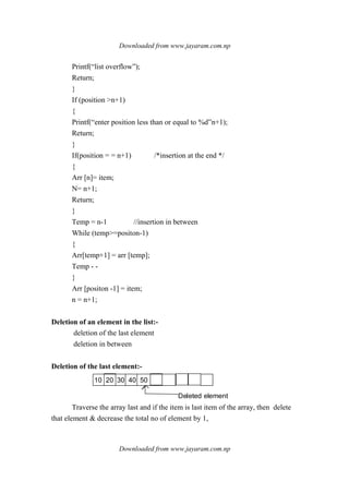 Downloaded from www.jayaram.com.np
Downloaded from www.jayaram.com.np
Printf(“list overflow”);
Return;
}
If (position >n+1)
{
Printf(“enter position less than or equal to %d”n+1);
Return;
}
If(position = = n+1) /*insertion at the end */
{
Arr [n]= item;
N= n+1;
Return;
}
Temp = n-1 //insertion in between
While (temp>=positon-1)
{
Arr[temp+1] = arr [temp];
Temp - -
}
Arr [positon -1] = item;
n = n+1;
Deletion of an element in the list:-
deletion of the last element
deletion in between
Deletion of the last element:-
10 20 30 40 50
Deleted element
Traverse the array last and if the item is last item of the array, then delete
that element & decrease the total no of element by 1,
 