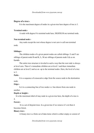 Downloaded from www.jayaram.com.np
Downloaded from www.jayaram.com.np
Degree of a tree:-
It is the maximum degree of nodes in a given tree here degree of tree is 3.
Terminal node:-
A node with degree 0 is terminal node here, SIGHXLM are terminal node.
Non terminal node:-
Any node except the root whose degree is not zero is call non terminal
node.
Siblings:-
The children nodes of a given parent nodes are called siblings. E and F are
siblings of parent node B and K, L, M are siblings of parents node I & so on.
Level:-
The entire tree structure is leveled in such a way that the root rode is always
at level zero. Then it’s immediate children are at level 1 and there immediate
children are at level 2 and so on up to the terminal nodes. Here, the level of a tree
is 3.
Path:-
It is a sequence of consecutive edge from the source node to the destination
node.
Edge:-
Is it is a connecting line of two nodes i.e. line drawn from one node to
another.
Depth or height:-
It is the maximum label of may node in a given tree here, the depth of a tree is
4.
Forest:-
It is a set of disjoint trees. In a given tree if we remove it’s rot then it
becomes forest.
Binary tree:-
A binary tree is a finite set of data items which is either empty or consist of
 