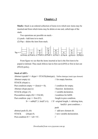 Downloaded from www.jayaram.com.np
Chapter:- 2
Stack:- Stack is an ordered collection of items in to which new items may be
inserted and from which items may be delete at one end, called tope of the
stack.
Two operations are possible on stack:-
(1) push:- Add item in to stack.
(2) Pop :- delete the item from stack.
Top =-1 A A
B
A
B
C
A
B
A A
D
A
(a) Empty (b) Push A (c ) Push B (d) Push C (f) Pop B (g) Pus D (h) Pop D(e) Pop C
From figure we see that the items inserted at last is the first item to be
poped or deleted. Thus stack follows last in first out (LIFO) or first in last out
(FILO) policy.
Stack of ADT:-
Abstract typedef << dtype>> STACK(datatype); //define datatype (stack type element)
Abstract empty (s) // for empty function.
STACK (eltype) s;
Past condition empty == (len(s)== 0); // condition for empty.
Abstract eltype pop (s) //function declaration.
STACK (eltype ) S; // variable declaration.
Precondition empty (S)== FALSE; //condition for fulfill.
Past condition pop == first (S’); /length in pree condition.
S= = subh(S”,1, len(S’)-1); // S’- original length, 1- deleting item,
len(S)1- post condition .-
push
abstract push (S, elt) // add new element elt.
STACK (eltype) S; // new variable declearation.
Post condition S== <elt>+S’; //
 