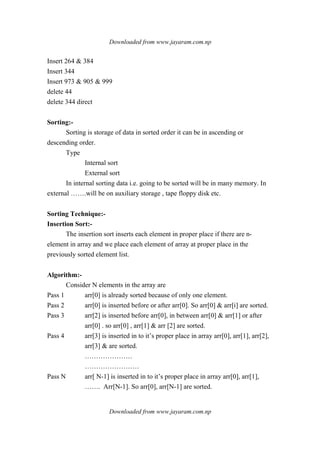 Downloaded from www.jayaram.com.np
Downloaded from www.jayaram.com.np
Insert 264 & 384
Insert 344
Insert 973 & 905 & 999
delete 44
delete 344 direct
Sorting:-
Sorting is storage of data in sorted order it can be in ascending or
descending order.
Type
Internal sort
External sort
In internal sorting data i.e. going to be sorted will be in many memory. In
external …….will be on auxiliary storage , tape floppy disk etc.
Sorting Technique:-
Insertion Sort:-
The insertion sort inserts each element in proper place if there are n-
element in array and we place each element of array at proper place in the
previously sorted element list.
Algorithm:-
Consider N elements in the array are
Pass 1 arr[0] is already sorted because of only one element.
Pass 2 arr[0] is inserted before or after arr[0]. So arr[0] & arr[i] are sorted.
Pass 3 arr[2] is inserted before arr[0], in between arr[0] & arr[1] or after
arr[0] . so arr[0] , arr[1] & arr [2] are sorted.
Pass 4 arr[3] is inserted in to it’s proper place in array arr[0], arr[1], arr[2],
arr[3] & are sorted.
…………………
……………………
Pass N arr[ N-1] is inserted in to it’s proper place in array arr[0], arr[1],
……. Arr[N-1]. So arr[0], arr[N-1] are sorted.
 