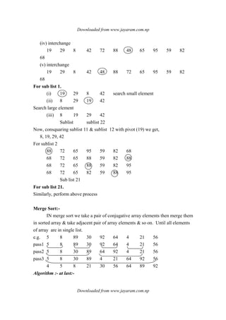 Downloaded from www.jayaram.com.np
Downloaded from www.jayaram.com.np
(iv) interchange
19 29 8 42 72 88 48 65 95 59 82
68
(v) interchange
19 29 8 42 48 88 72 65 95 59 82
68
For sub list 1.
(i) 19 29 8 42 search small element
(ii) 8 29 19 42
Search large element
(iii) 8 19 29 42
Sublist sublist 22
Now, consquaring sublist 11 & sublist 12 with pivot (19) we get,
8, 19, 29, 42
For sublist 2
88 72 65 95 59 82 68
68 72 65 88 59 82 88
68 72 65 88 59 82 95
68 72 65 82 59 88 95
Sub list 21
For sub list 21.
Similarly, perform above process
Merge Sort:-
IN merge sort we take a pair of conjugative array elements then merge them
in sorted array & take adjacent pair of array elements & so on. Until all elements
of array are in single list.
e.g. 5 8 89 30 92 64 4 21 56
pass1 5 8 89 30 92 64 4 21 56
pass2 5 8 30 89 64 92 4 21 56
pass3 5 8 30 89 4 21 64 92 56
4 5 8 21 30 56 64 89 92
Algorithm :- at last:-
 