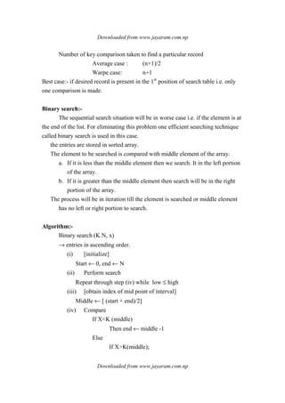 Downloaded from www.jayaram.com.np
Downloaded from www.jayaram.com.np
Number of key comparison taken to find a particular record
Average case : (n+1)/2
Warpe case: n+1
Best case:- if desired record is present in the 1st
position of search table i.e. only
one comparison is made.
Binary search:-
The sequential search situation will be in worse case i.e. if the element is at
the end of the list. For eliminating this problem one efficient searching technique
called binary search is used in this case.
the entries are stored in sorted array.
The element to be searched is compared with middle element of the array.
a. If it is less than the middle element then we search. It in the left portion
of the array.
b. If it is greater than the middle element then search will be in the right
portion of the array.
The process will be in iteration till the element is searched or middle element
has no left or right portion to search.
Algorithm:-
Binary search (K.N, x)
→ entries in ascending order.
(i) [initialize]
Start ← 0, end ← N
(ii) Perform search
Repeat through step (iv) while low ≤ high
(iii) [obtain index of mid point of interval]
Middle ← [ (start + end)/2]
(iv) Compare
If X<K (middle)
Then end ← middle -1
Else
If X>K(middle);
 
