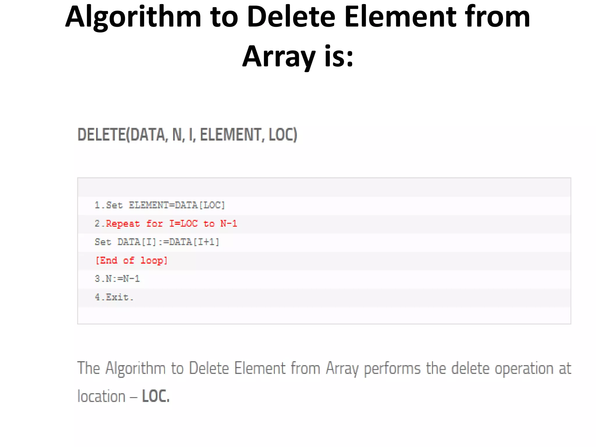 Algorithm to Delete Element from
Array is:
 