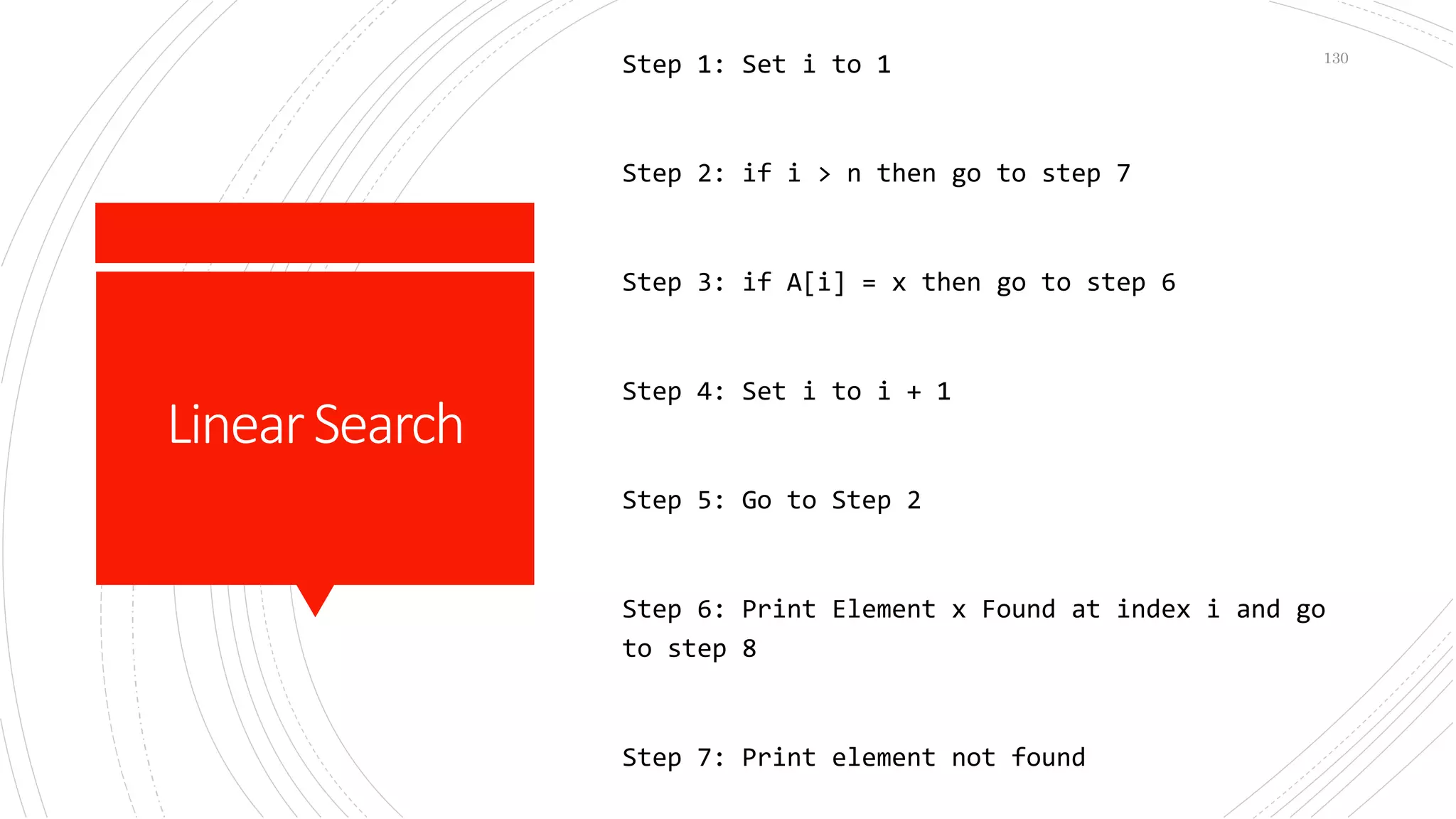 LinearSearch
Step 1: Set i to 1
Step 2: if i > n then go to step 7
Step 3: if A[i] = x then go to step 6
Step 4: Set i to i + 1
Step 5: Go to Step 2
Step 6: Print Element x Found at index i and go
to step 8
Step 7: Print element not found
130
 