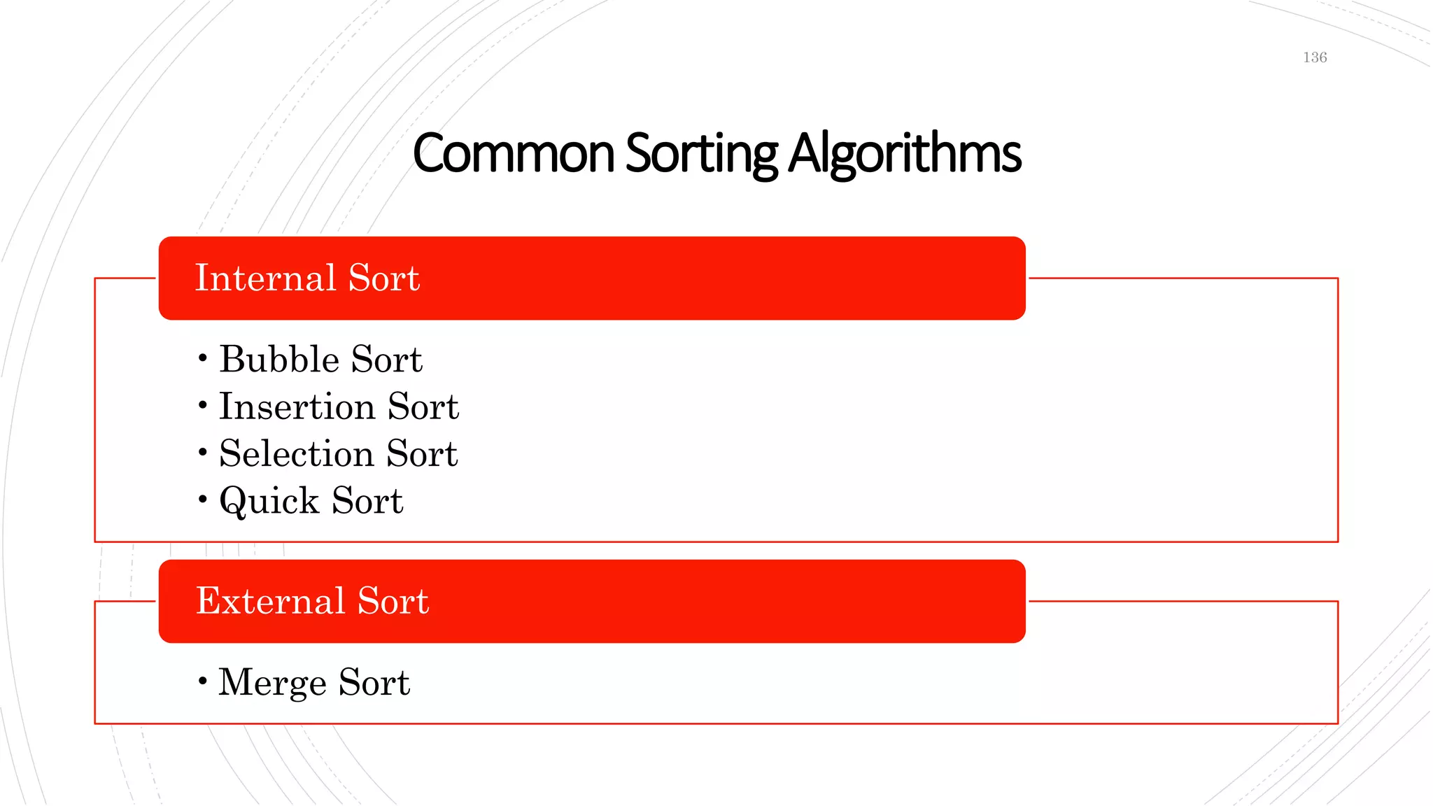 CommonSortingAlgorithms
•Bubble Sort
•Insertion Sort
•Selection Sort
•Quick Sort
Internal Sort
•Merge Sort
External Sort
136
 