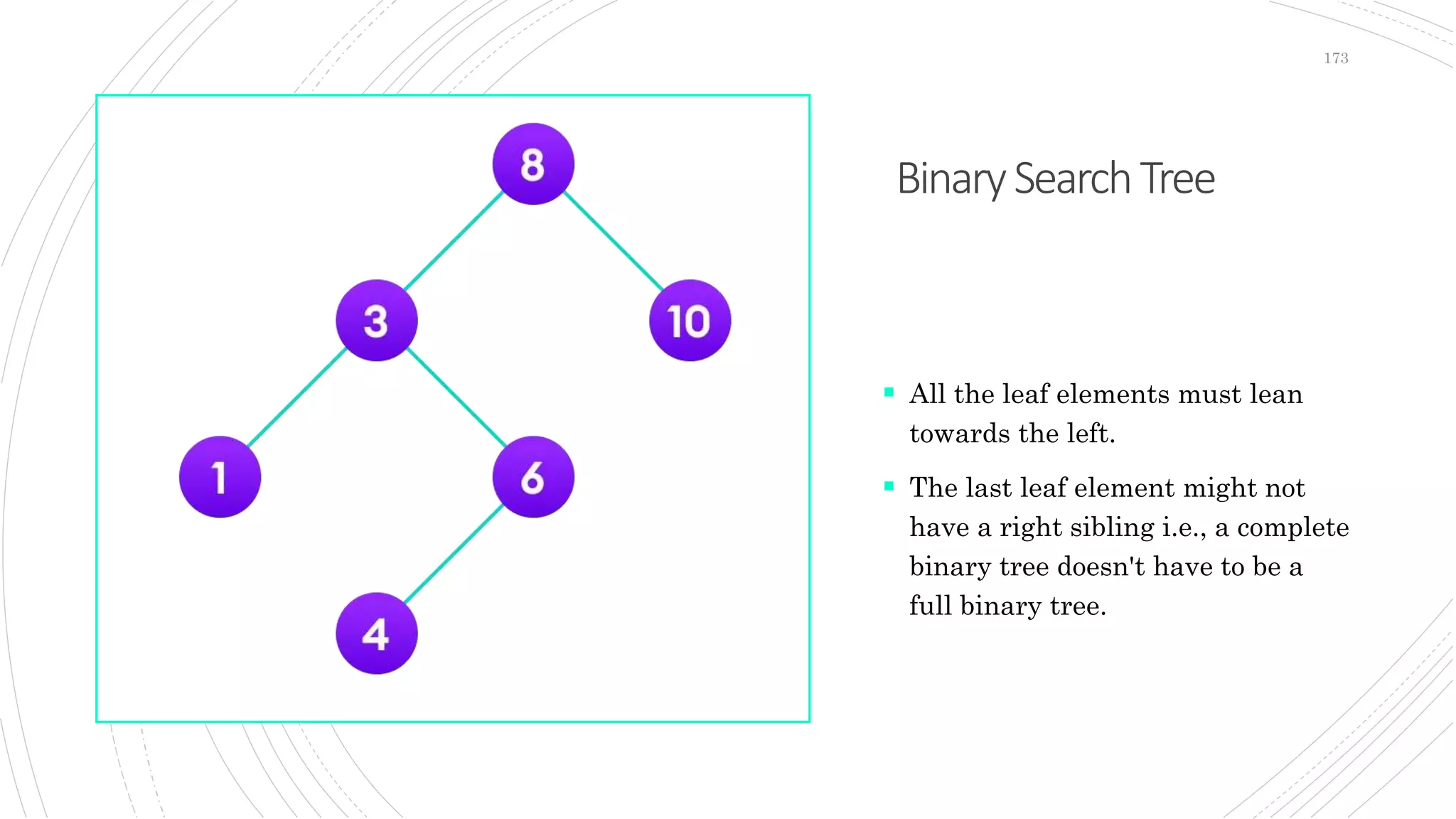 BinarySearchTree
173
 All the leaf elements must lean
towards the left.
 The last leaf element might not
have a right sibling i.e., a complete
binary tree doesn't have to be a
full binary tree.
 