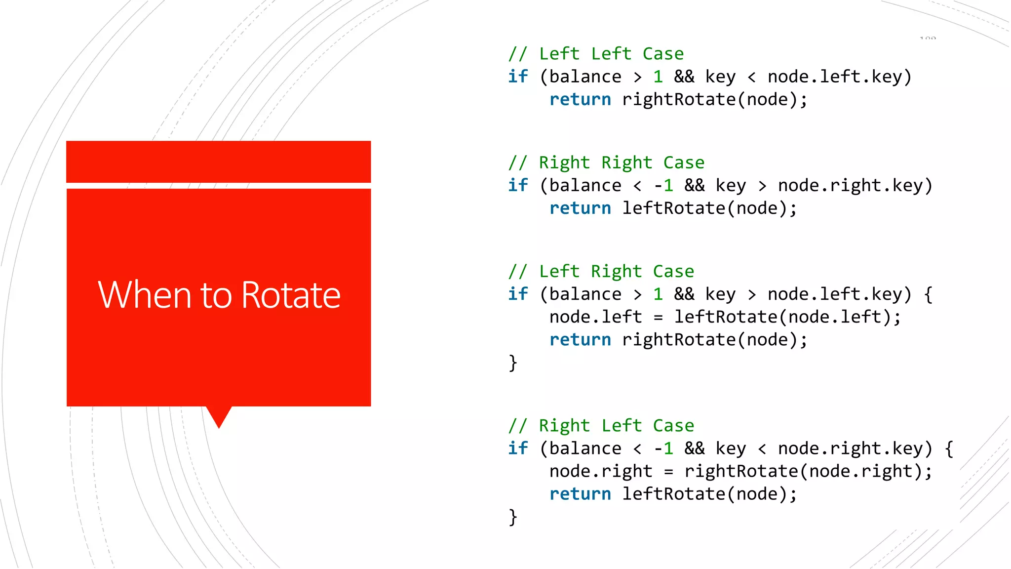 WhentoRotate
182
// Left Left Case
if (balance > 1 && key < node.left.key)
return rightRotate(node);
// Right Right Case
if (balance < -1 && key > node.right.key)
return leftRotate(node);
// Left Right Case
if (balance > 1 && key > node.left.key) {
node.left = leftRotate(node.left);
return rightRotate(node);
}
// Right Left Case
if (balance < -1 && key < node.right.key) {
node.right = rightRotate(node.right);
return leftRotate(node);
}
 
