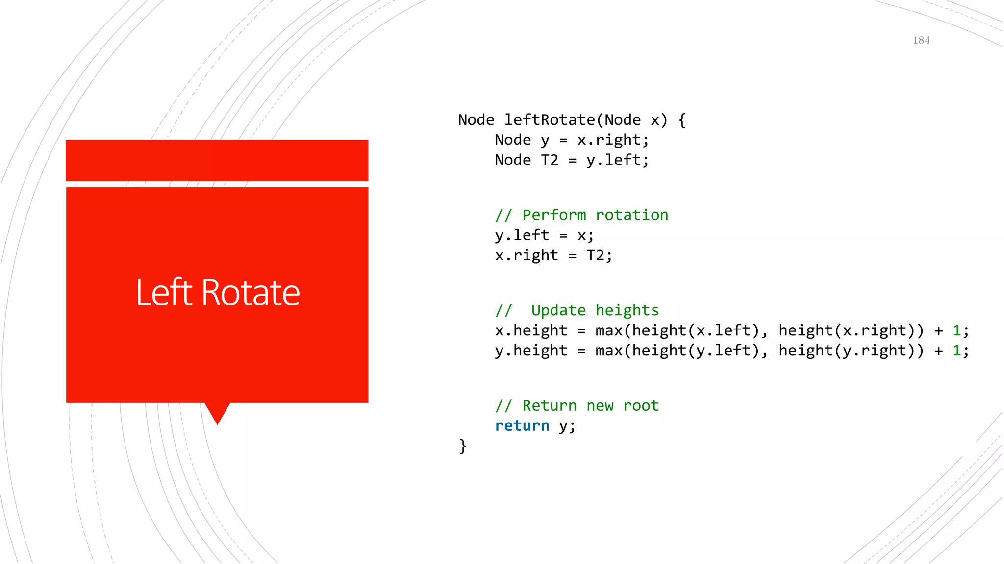 LeftRotate
184
Node leftRotate(Node x) {
Node y = x.right;
Node T2 = y.left;
// Perform rotation
y.left = x;
x.right = T2;
// Update heights
x.height = max(height(x.left), height(x.right)) + 1;
y.height = max(height(y.left), height(y.right)) + 1;
// Return new root
return y;
}
 
