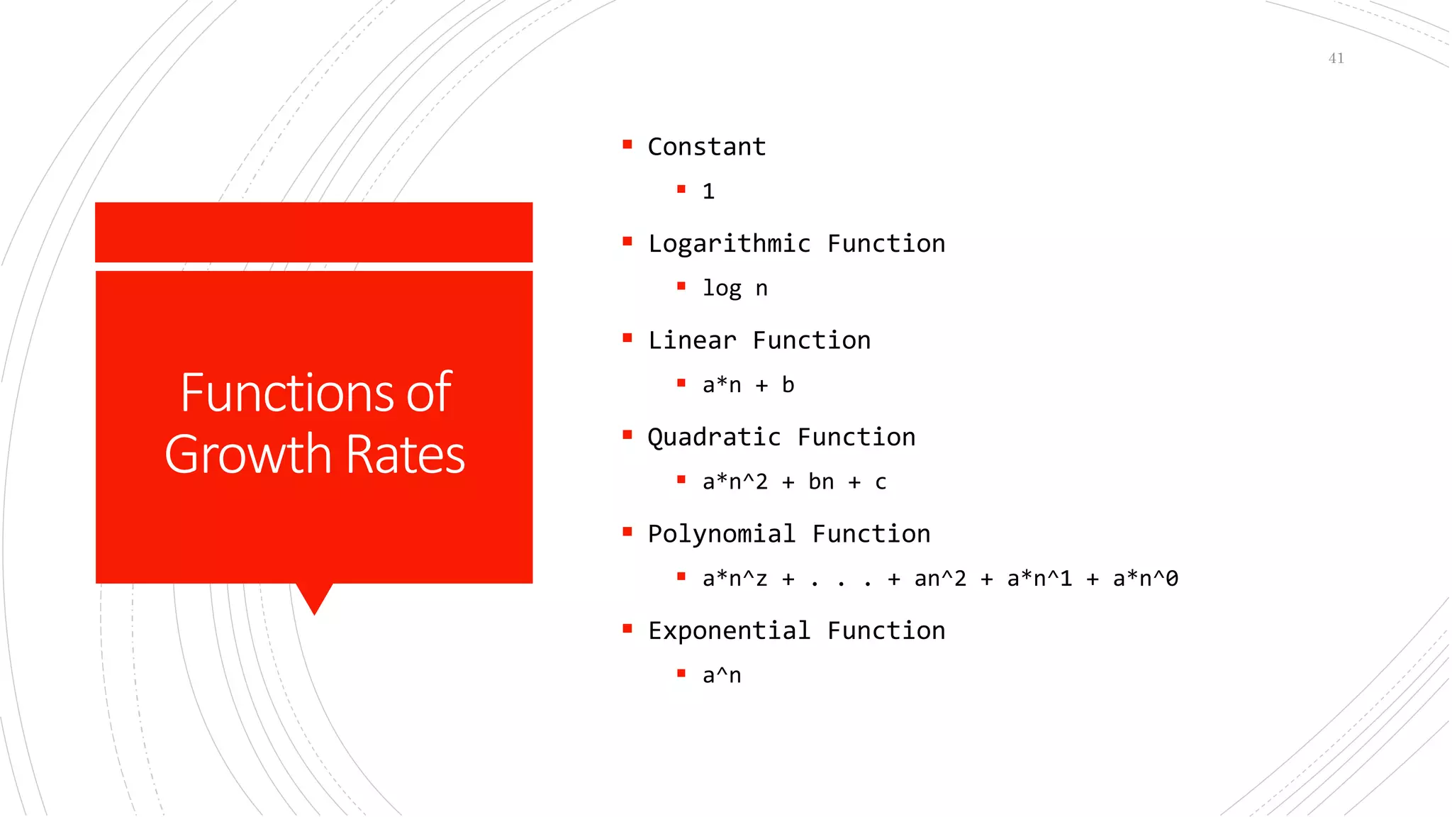 Functionsof
GrowthRates
 Constant
 1
 Logarithmic Function
 log n
 Linear Function
 a*n + b
 Quadratic Function
 a*n^2 + bn + c
 Polynomial Function
 a*n^z + . . . + an^2 + a*n^1 + a*n^0
 Exponential Function
 a^n
41
 