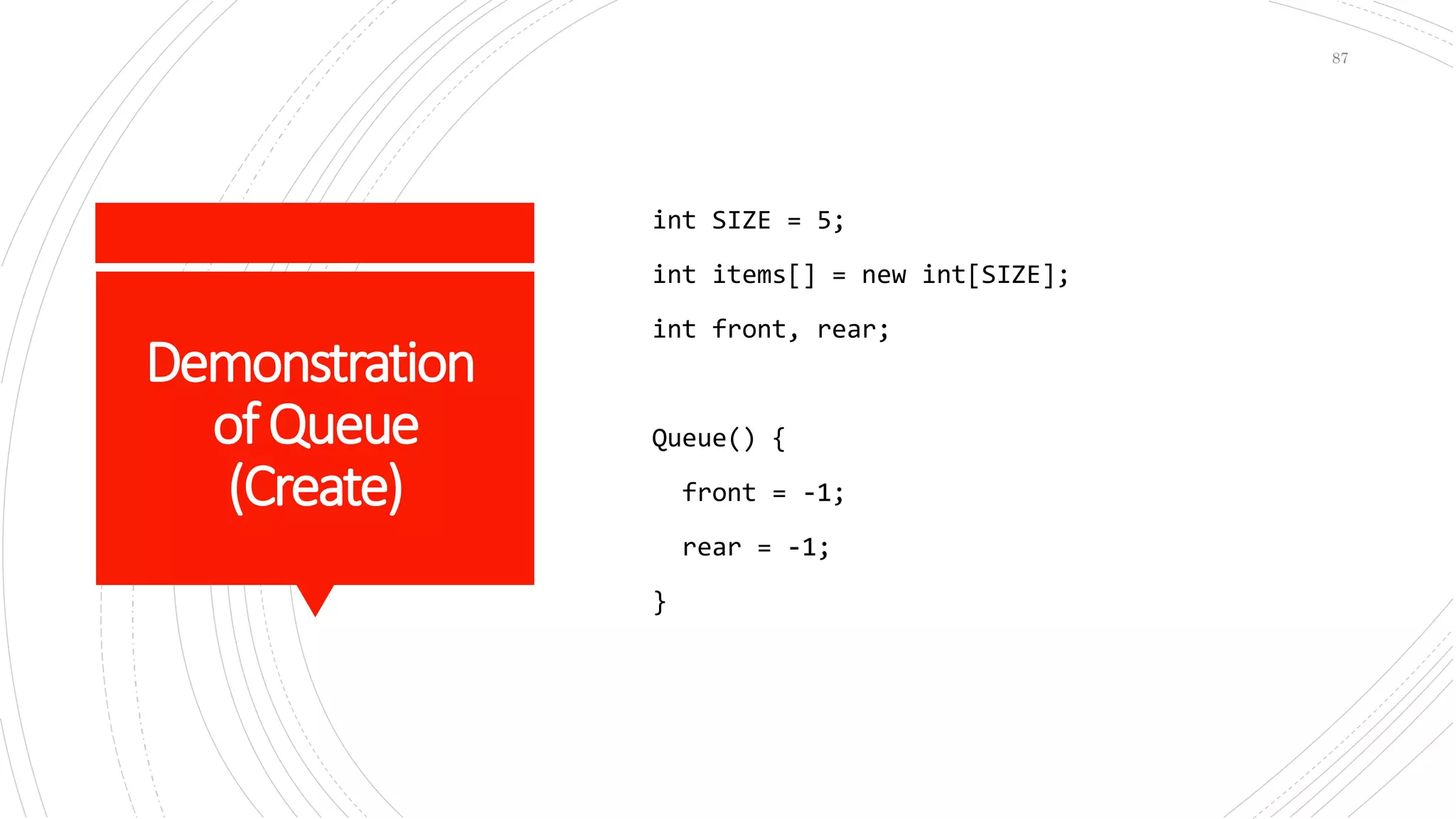 Demonstration
ofQueue
(Create)
int SIZE = 5;
int items[] = new int[SIZE];
int front, rear;
Queue() {
front = -1;
rear = -1;
}
87
 