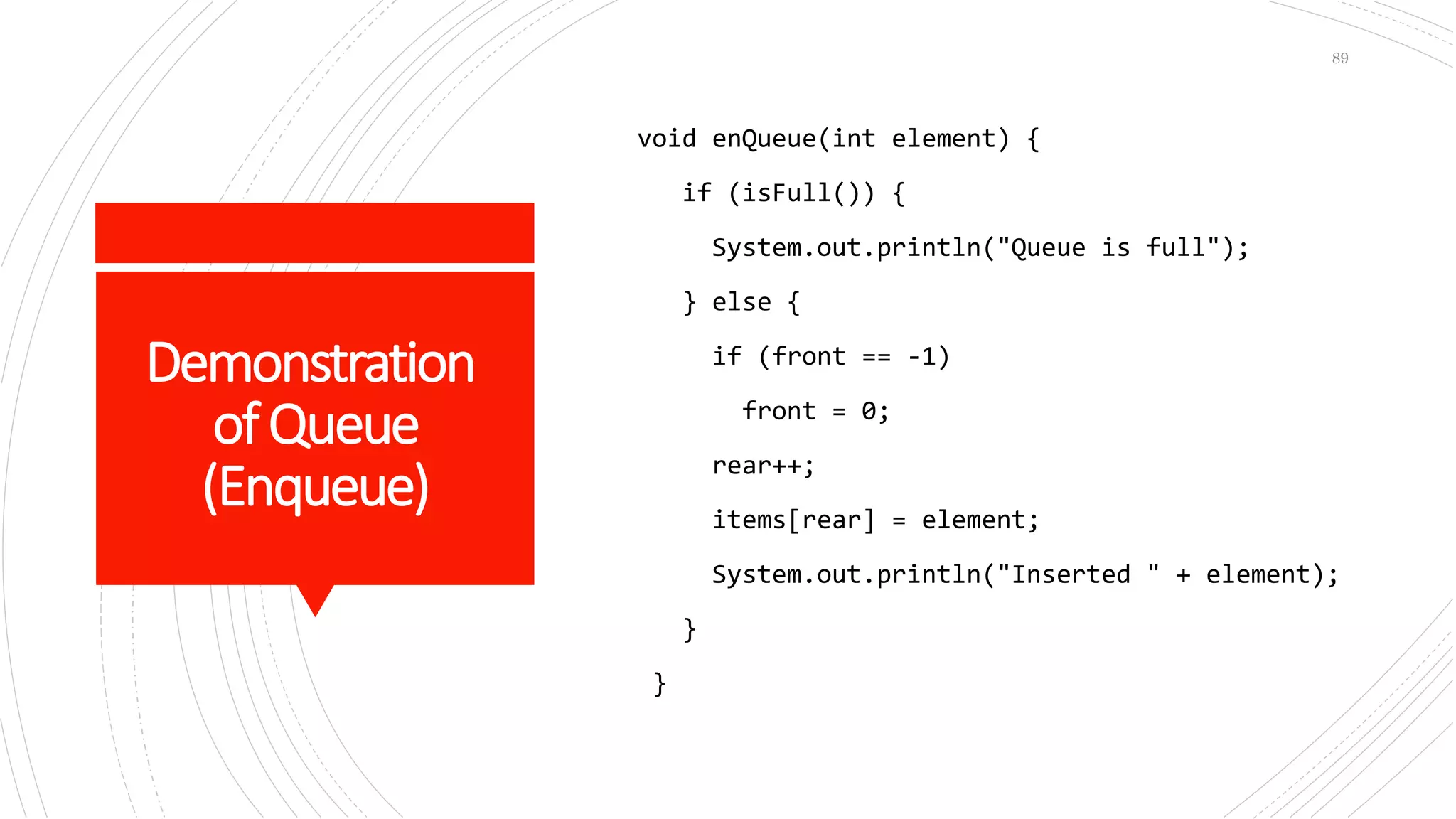 Demonstration
ofQueue
(Enqueue)
void enQueue(int element) {
if (isFull()) {
System.out.println("Queue is full");
} else {
if (front == -1)
front = 0;
rear++;
items[rear] = element;
System.out.println("Inserted " + element);
}
}
89
 