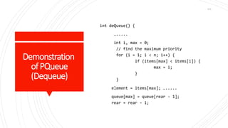 Demonstration
ofPQueue
(Dequeue)
int deQueue() {
….....
int i, max = 0;
// find the maximum priority
for (i = 1; i < n; i++) {
if (items[max] < items[i]) {
max = i;
}
}
element = items[max]; ….....
queue[max] = queue[rear - 1];
rear = rear - 1;
104
 