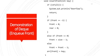 Demonstration
ofDeque
(EnqueueFront)
void insertfront(int key) {
if (isFull()) {
System.out.println("Overflow");
return;
}
if (front == -1) {
front = 0;
rear = 0;
}
else if (front == 0)
front = size - 1;
else
front = front - 1;
arr[front] = key;
}
107
 