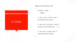 In-Order
void printInorder(Node node)
{
if (node == null)
return;
/* first recur on left child */
printInorder(node.left);
/* then print the data of node */
System.out.print(node.key + " ");
/* now recur on right child */
printInorder(node.right);
}
159
 