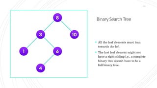 BinarySearchTree
173
 All the leaf elements must lean
towards the left.
 The last leaf element might not
have a right sibling i.e., a complete
binary tree doesn't have to be a
full binary tree.
 
