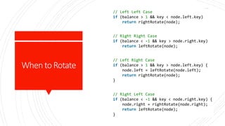 WhentoRotate
182
// Left Left Case
if (balance > 1 && key < node.left.key)
return rightRotate(node);
// Right Right Case
if (balance < -1 && key > node.right.key)
return leftRotate(node);
// Left Right Case
if (balance > 1 && key > node.left.key) {
node.left = leftRotate(node.left);
return rightRotate(node);
}
// Right Left Case
if (balance < -1 && key < node.right.key) {
node.right = rightRotate(node.right);
return leftRotate(node);
}
 