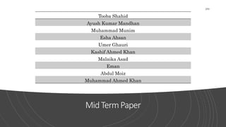 MidTermPaper
270
Tooba Shahid
Ayush Kumar Mandhan
Muhammad Munim
Esha Ahsan
Umer Ghauri
Kashif Ahmed Khan
Malaika Asad
Eman
Abdul Moiz
Muhammad Ahmed Khan
 