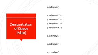 Demonstration
ofQueue
(Main)
q.deQueue();
q.enQueue(1);
q.enQueue(2);
q.enQueue(3);
q.enQueue(6);
q.display();
q.deQueue();
q.display();
91
 