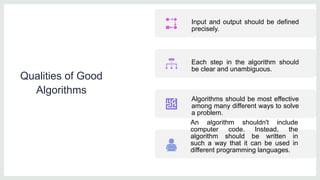 Qualities of Good
Algorithms
Input and output should be defined
precisely.
Each step in the algorithm should
be clear and unambiguous.
Algorithms should be most effective
among many different ways to solve
a problem.
An algorithm shouldn't include
computer code. Instead, the
algorithm should be written in
such a way that it can be used in
different programming languages.
 