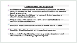 Characteristics of An Algorithm
Unambiguous :Algorithm should be clear and unambiguous. Each of its
steps (or phases), and their inputs/outputs should be clear and must lead
to only one meaning.
Input :An algorithm should have 1 or more well-defined outputs and
should match the desired output.
Output :An algorithm should have 1 or more well-defined outputs and
should match the desired output.
Finiteness :Algorithms must terminate after a finite number of steps.
Feasibility :Should be feasible with the available resources.
Independent :An algorithm should have step-by-step directions, which
should be independent of any programming code.
 