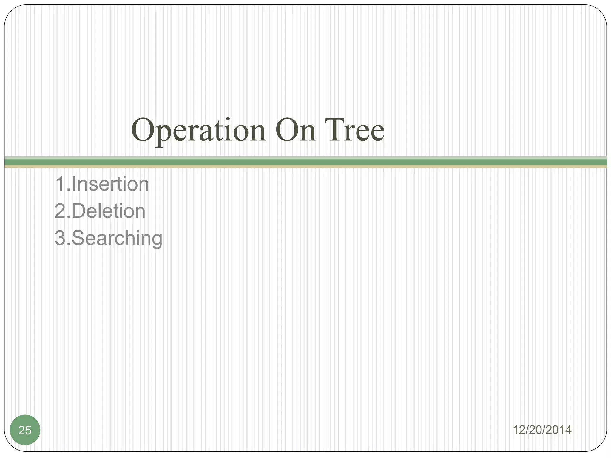 Operation On Tree
1.Insertion
2.Deletion
3.Searching
12/20/201425
 
