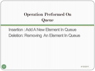Operation Performed On QueueInsertion : Add A New Element In QueueDeletion: Removing  An Element In Queue3/20/201117
