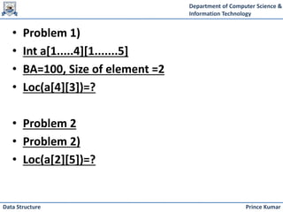 Department of Computer Science &
Information Technology
Prince Kumar
Data Structure
• Problem 1)
• Int a[1.....4][1.......5]
• BA=100, Size of element =2
• Loc(a[4][3])=?
• Problem 2
• Problem 2)
• Loc(a[2][5])=?
 