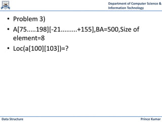Department of Computer Science &
Information Technology
Prince Kumar
Data Structure
• Problem 3)
• A[75.....198][-21.........+155],BA=500,Size of
element=8
• Loc(a[100][103])=?
 