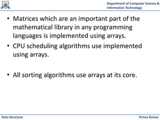 Department of Computer Science &
Information Technology
Prince Kumar
Data Structure
• Matrices which are an important part of the
mathematical library in any programming
languages is implemented using arrays.
• CPU scheduling algorithms use implemented
using arrays.
• All sorting algorithms use arrays at its core.
 
