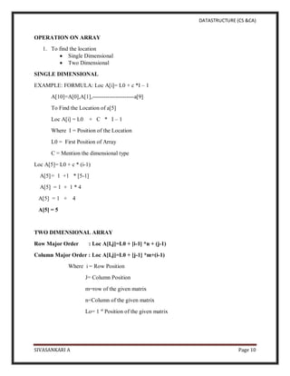 DATASTRUCTURE (CS &CA)
SIVASANKARI A Page 10
OPERATION ON ARRAY
1. To find the location
 Single Dimensional
 Two Dimensional
SINGLE DIMENSIONAL
EXAMPLE: FORMULA: Loc A[i]= L0 + c *I – 1
A[10]=A[0],A[1],----------------------a[9]
To Find the Location of a[5]
Loc A[i] = L0 + C * I – 1
Where I = Position of the Location
L0 = First Position of Array
C = Mention the dimensional type
Loc A[5]= L0 + c * (i-1)
A[5]= 1 +1 * [5-1]
A[5] = 1 + 1 * 4
A[5] = 1 + 4
A[5] = 5
TWO DIMENSIONAL ARRAY
Row Major Order : Loc A[I,j]=L0 + [i-1] *n + (j-1)
Column Major Order : Loc A[I,j]=L0 + [j-1] *m+(i-1)
Where i = Row Position
J= Column Position
m=row of the given matrix
n=Column of the given matrix
Lo= 1 st
Position of the given matrix
 