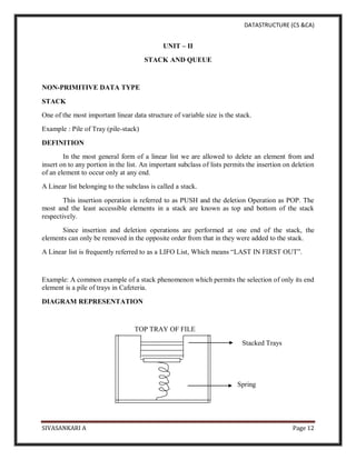DATASTRUCTURE (CS &CA)
SIVASANKARI A Page 12
UNIT – II
STACK AND QUEUE
NON-PRIMITIVE DATA TYPE
STACK
One of the most important linear data structure of variable size is the stack.
Example : Pile of Tray (pile-stack)
DEFINITION
In the most general form of a linear list we are allowed to delete an element from and
insert on to any portion in the list. An important subclass of lists permits the insertion on deletion
of an element to occur only at any end.
A Linear list belonging to the subclass is called a stack.
This insertion operation is referred to as PUSH and the deletion Operation as POP. The
most and the least accessible elements in a stack are known as top and bottom of the stack
respectively.
Since insertion and deletion operations are performed at one end of the stack, the
elements can only be removed in the opposite order from that in they were added to the stack.
A Linear list is frequently referred to as a LIFO List, Which means “LAST IN FIRST OUT”.
Example: A common example of a stack phenomenon which permits the selection of only its end
element is a pile of trays in Cafeteria.
DIAGRAM REPRESENTATION
TOP TRAY OF FILE
Stacked Trays
Spring
 