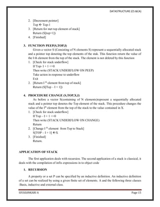 DATASTRUCTURE (CS &CA)
SIVASANKARI A Page 15
2. [Decrement pointer]
Top  Top-1
3. [Return for met top element of stack]
Return (S[top+1])
4. [Finished]
3. FUNCTION PEEP(S,TOP,I)
Given a vector S (Consisting of N elements S) represent a sequentially allocated stack
and a pointer top denoting the top elements of the stak. This function return the value of
the I th element from the top of the stack. The element is not deleted by this function
1. [Check for stack underflow]
If Top- I + 1 <=0
Then write (STACK UNDERFLOW ON PEEP)
Take action in response to underflow
Exit
2. [Return I th
element from top of stack]
Return (S[Top – I + 1])
4. PROCEDURE CHANGE (S,TOP,X,I)
As before a vector S(containing of N elements)represent a sequentially allocated
stack and a pointer top denotes the Top element of the stack. This procedure changes the
value of the Ith
element from the top of the stack to the value contained in X.
1. [Check for stack underflow]
If Top – I + 1 <=0
Then write (STACK UNDERFLOW ON CHANGE)
Return
2. [Change I th
element from Top to Stack]
S[TOP – I + 1] X
3. [Finished]
Return.
APPLICATION OF STACK
The first application deals with recursion. The second application of a stack is classical, it
deals with the compilation of infix expressions in to object code
1. RECURSION
A property or a set P can be specified by an inductive definition. An inductive definition
of a set can be realized by using a given finite set of elements. A and the following three classes
:Basis, inductive and external class.
 