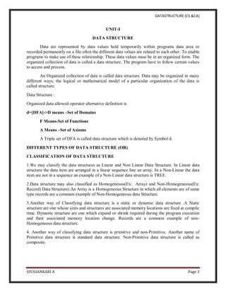 DATASTRUCTURE (CS &CA)
SIVASANKARI A Page 3
UNIT-I
DATA STRUCTURE
Data are represented by data values held temporarily within programs data area or
recorded permanently on a file often the different data values are related to each other. To enable
programs to make use of these relationship. These data values must be in an organized form. The
organized collection of data is called a data structure. The program have to follow certain values
to access and process.
An Organized collection of data is called data structure. Data may be organized in many
different ways, the logical or mathematical model of a particular organization of the data is
called structure.
Data Structure :
Organized data allowed operator alternative definition is
d=[DFA]->D means –Set of Domains
F Means-Set of Functions
A Means –Set of Axioms
A Triple set of DFA is called data structure which is denoted by Symbol d.
DIFFERENT TYPES OF DATA STRUCTURE (OR)
CLASSIFICATION OF DATA STRUCTURE
1.We may classify the data structures as Linear and Non Linear Data Structure. In Linear data
structure the data item are arranged in a linear sequence line an array. In a Non-Linear the data
item are not in a sequence an example of a Non-Linear data structure is TREE.
2.Data structure may also classified as Homogeneous(Ex: Array) and Non-Homogeneous(Ex:
Record) Data Structure).An Array is a Homogeneous Structure in which all elements are of same
type records are a common example of Non-Homogeneous data Structure.
3.Another way of Classifying data structure is a static or dynamic data structure .A Static
structure are one whose sizes and structures are associated memory locations are fixed at compile
time. Dynamic structure are one which expand or shrink required during the program execution
and their associated memory location change. Records are a common example of non-
Homogeneous data structure.
4. Another way of classifying data structure is primitive and non-Primitive. Another name of
Primitive data structure is standard data structure. Non-Primitive data structure is called as
composite.
 