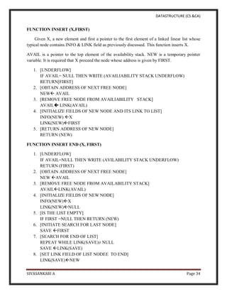 DATASTRUCTURE (CS &CA)
SIVASANKARI A Page 34
FUNCTION INSERT (X,FIRST)
Given X, a new element and first a pointer to the first element of a linked linear list whose
typical node contains INFO & LINK field as previously discussed. This function inserts X.
AVAIL is a pointer to the top element of the availability stack. NEW is a temporary pointer
variable. It is required that X proceed the node whose address is given by FIRST.
1. [UNDERFLOW]
IF AVAIL= NULL THEN WRITE (AVAILIABILITY STACK UNDERFLOW)
RETURN[FIRST]
2. [OBTAIN ADDRESS OF NEXT FREE NODE]
NEW AVAIL
3. [REMOVE FREE NODE FROM AVAILIABILITY STACK]
AVAIL LINK(AVAIL)
4. [INITIALIZE FIELDS OF NEW NODE AND ITS LINK TO LIST]
INFO(NEW) X
LINK(NEW)FIRST
5. [RETURN ADDRESS OF NEW NODE]
RETURN (NEW)
FUNCTION INSERT END (X, FIRST)
1. [UNDERFLOW]
IF AVAIL=NULL THEN WRITE (AVILABILITY STACK UNDERFLOW)
RETURN (FIRST)
2. [OBTAIN ADDRESS OF NEXT FREE NODE]
NEW AVAIL
3. [REMOVE FREE NODE FROM AVAILABILITY STACK]
AVAILLINK(AVAIL)
4. [INITIALIZE FIELDS OF NEW NODE]
INFO(NEW)X
LINK(NEW)NULL
5. [IS THE LIST EMPTY]
IF FIRST =NULL THEN RETURN (NEW)
6. [INITIATE SEARCH FOR LAST NODE]
SAVE FIRST
7. [SEARCH FOR END OF LIST]
REPEAT WHILE LINK(SAVE)≠ NULL
SAVE LINK(SAVE)
8. [SET LINK FIELD OF LIST NODEE TO END]
LINK(SAVE)NEW
 