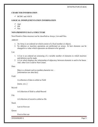 DATASTRUCTURE (CS &CA)
SIVASANKARI A Page 5
CHARCTER INFORMATION
 BCDIC and ASCII
LOGICAL IMMPLEMENTATION INFORMATION
 And
 OR
 Not
NON-PRIMITIVE DATA STRUCTURE
Non-Primitive Data structure can be classified as Arrays, List and Files.
ARRAY
1. An Array is an ordered set which consist of a fixed number or objects.
2. No deletion or insertion operations are performed on arrays. At best elements can be
changed to a value which represents an element to be ignored.
List
1. A List is an ordered set consisting of a variable number of elements to which insertion
and deletion can be made.
2. A List which displays the relationship of adjacency between elements is said to be linear.
And other List is said to Non-Linear.
Data
Data is a element such as number,character etc…
[information raw data fact]
Field
A collection of data is called as Field
[name, sex..]
Record
A Collection of field is called Record
File
A Collection of record is called as file
Stack
Last in First out
Queue
First in first out
 
