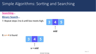 Information Technology
Searching…
Binary Search…
7. Repeat steps 3 to 6 until low meets high.
8. x = 4 is found
Slide 37
Simple Algorithms: Sorting and Searching
 
