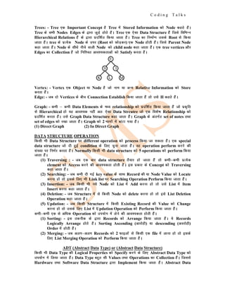 C o d i n g T a l k s
Trees: - Tree ,d Important Concept gS Tree esa Stored Information dks Node dgrs gSaA
Tree ds lHkh Nodes Edges ds }kjk tqM+s gksrs gSaA Tree ,d ,slk Data Structure gSa ftls fofHkUu
Hierarchical Relations gSa ds }kjk iznf'kZr fd;k tkrk gSaA Tree dk fuekZ.k mlds Root ls fd;k
tkrk gSaA tree ds izR;sd Node ds mij (Root dks NksM+dj) ,d Node gksrh gSaA ftls Parent Node
dgk tkrk gSaA Node ds lh/ks uhps okyh Node dks child node dgk tkrk gSaA ,d tree vertices vkSj
Edges dk Collection gSa tks fuf'pr vko';drkvksa dks Satisfy djrk gSaA
Vertex: - Vertex ,d Object ;k Node gS tks uke ;k vU; Relative Information dks Store
djrk gSaA
Edge: - tc nks Vertices ds chp Connection Establish fd;k tkrk gSa rks mls H dgrs gSaA
Graph: - dHkh & dHkh Data Elements ds e/; relationship dks iznf'kZr fd;k tkrk gSa tks izd`fr
ls Hierarchical gks ;g vko';d ugha vr% ,slk Data Strcutre tks ,d fo'ks"k Relationship dks
iznf'kZr djrk gSaA mls Graph Data Structure dgk tkrk gSaA Graph ds varxZr set of notes rFkk
set of edges dks j[kk tkrk gSaA Graph dks 2 Hkkxksa esa ckaVk x;k gSaA
(1) Direct Graph (2) In Direct Graph
DATA STRUCTURE OPERATION
fdlh Hkh Data Structure ij different operation dks process fd;k tk ldrk gSaA ,d special
data structure tks nh gqbZ condition ds fy, pquk tkrk gSaA og operation perform djus dh
la[;k ij fuHkZj djrk gSaA Normally fdlh Hkh data structure dks 5 operations dks perform fd;k
tkrk gSaA
(1) Traversing : - tc ,d ckj data structure rS;kj gks tkrk gSa rks dHkh&dHkh izR;sd
element dks Access djus dh vko';drk gksrh gSaA bl izdkj ds Concept dks Traversing
dgk tkrk gSaA
(2) Searching: - tc dHkh nh xbZ key value ds lkFk Record dh ;k Node Value dks Locate
djuk gks rks blds fy, Hkh Link list ij Searching Operation Perform fd;k tkrk gSaA
(3) Insertion: - tc fdlh Hkh u;s Node dks List esa Add djuk gks rks mls List esa Item
Insert djuk dgk tkrk gSaA
(4) Deletion: - tc Structure esa ls fdlh Node dks delete djuk gks rks bls List Deletion
Operation dgk tkrk gSaA
(5) Updation: - tc fdlh Structure esa fdlh Existing Record dh Value dks Change
djuk gks rks mlds fy, List esa Updation Operation dks Perform fd;k tkrk gSaA
dHkh&dHkh ,d ls vf/kd Operation dks mi;ksx esa ysus dh vko';drk gksrh gSaA
(1) Sorting: - bl rduhd ds }kjk Records dks Arrange fd;k tkrk gSaA ;s Records
Logically Arrange gksrs gSaA Sorting Ascending (vkjksgh) ;k descending (vojksgh)
Order esa gksrh gSaA
(2) Merging: - tc vyx&vyx Records dks 2 Qkbyksa ls fdlh ,d file esa ykuk gks rks blds
fy, List Merging Operation dks Perform fd;k tkrk gSaA
ADT (Abstract Data Type) or (Abstract Data Structure)
fdlh Hkh Data Type dh Logical Properties dks Specify djus ds fy, Abstract Data Type dks
mi;ksx esa fy;k tkrk gSaA Data Type cgqr lh Values rFkk Operations dk Collection gSaA ftlls
Hardware rFkk Software Data Structure }kjk Implement fd;k tkrk gSaA Abstract Data
E
H I
K L M
 